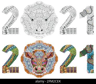 Hand drawn zentangle number 2021 with mandala and bull head for coloring, for t-shirt and other decorations. Color and outline set Stock Vector