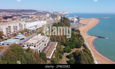 Leas Cliff Hall and Folkestone beach, Folkestone, Kent, England Stock Photo