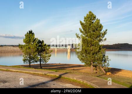 Lake reservoir dam landscape view during autumn fall in Sabugal Dam, Portugal Stock Photo