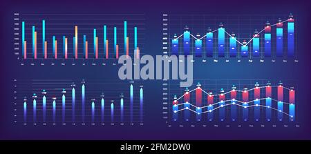 Futuristic graphs for App UI, UX, KIT. Modern infographic, charts and diagrams. Financial statistics and analytics progress scale panel. Futuristic Stock Vector