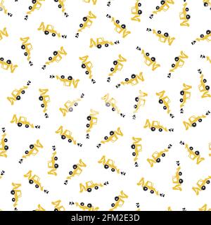 Vector white pen skech of scattered cute backhoe excavator seamless patterns. Suitable for textile, gift wrap and wallpaper. Stock Vector