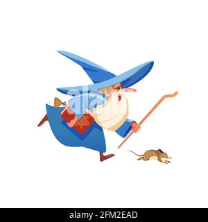 Magician runs. Wizard. Mysterious male magician in robe spelling oldster merlin vector cartoon characters. Sorcerer character in costume, witchcraft Stock Vector