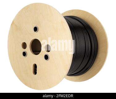 Black cable large spool, Roll - wooden spool. Stock Photo