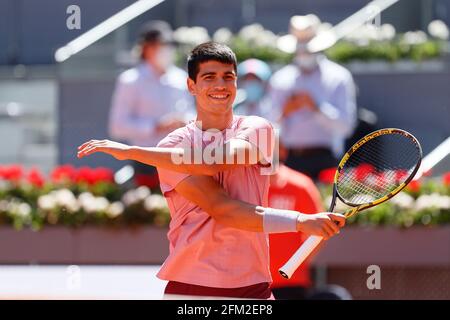 Madrid, Spain. 5th May, 2021. Carlos Alcaraz (ESP) Tennis : Carlos Alcaraz of Spain during Singles 2nd round match against Rafa Nadal of Spain on the ATP World Tour Masters 1000 'Mutua Madrid Open tennis tournament' at the Caja Magica in Madrid, Spain . Credit: Mutsu Kawamori/AFLO/Alamy Live News Stock Photo