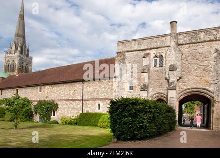 entrance to Bishops Palace from South St with Chichester Cathedral spire in the distance, West Sussex, England Stock Photo