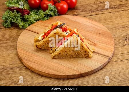 Vegetarian Club sandwich with eggplant and cheese Stock Photo