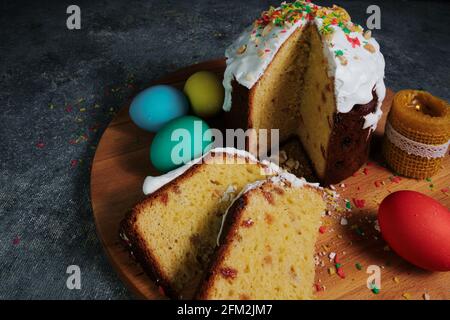 Easter cake and colorful Easter eggs. Stock Photo