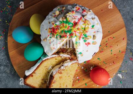 Easter cake and colorful Easter eggs. Stock Photo