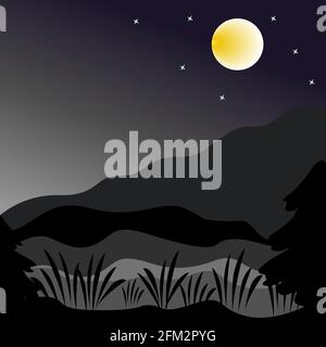 Night mountain landscape with full moon and creeping fog. Stock Vector