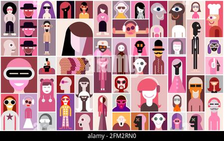 Large set of flat design people avatars. Pop art collage of close up portraits. Can be used as seamless wallpaper. Stock Vector
