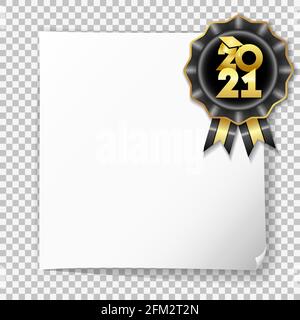 Class of 2021 white post note paper graduates poster with gold graduation cap on black rosette on transparent background. Template for party design Stock Vector