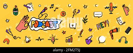 Podcast banner with logo and hand drawn design elements in doodle cartoon style. Vector illustration. Good for podcasting, broadcasting, media hosting Stock Vector