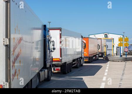 CALAIS, FRANCE; 05/05/2021; Trucks queued in the port of Calais to carry out border checks for illegal inmigration. Stock Photo