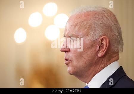 United States President Joe Biden makes remarks on the implementation of the American Rescue Plan (ARP) in the State Dining Room of the White House in Washington, DC on Wednesday, May 5, 2021. The President detailed the ARP's Restaurant Revitalization Fund which provides $28.6 billion in direct relief to restaurants and food and beverage establishments.Credit: Jim LoScalzo/Pool via CNP /MediaPunch Stock Photo