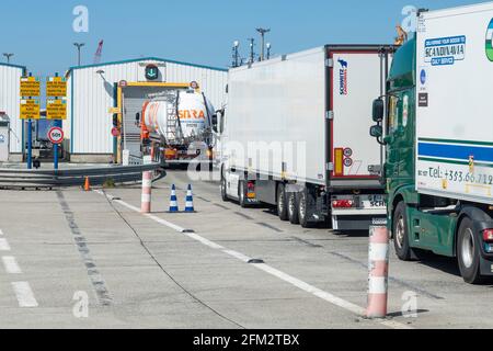 CALAIS, FRANCE; 05/05/2021; Trucks queued in the port of Calais to carry out border checks for illegal inmigration. Stock Photo