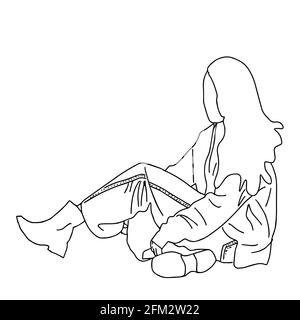 Seated beautiful girl in fashionable clothes. Linear style. For printing in magazines, website, advertising, banner. Vector illustration. Stock Vector