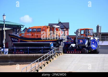 A Shannon Class lifeboat operated by the Royal National Lifeboat Institution, at the lifeboat station at St Annes On Sea, Fylde, Lancashire, England. Stock Photo