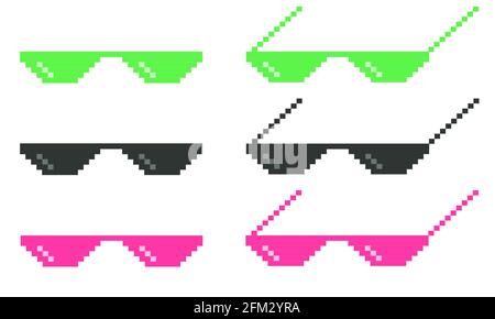 Sunglasses pixel icon black on white background. Pixel glasses sign. Thug life meme glasses. Flat style. Stock Vector