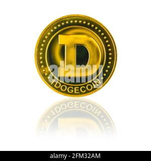 One dogecoin with reflection isolated on white background, crypto currency coin on the glass table Stock Photo
