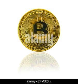 Bitcoin with reflection isolated on white background, crypto currency coin on the glass table Stock Photo