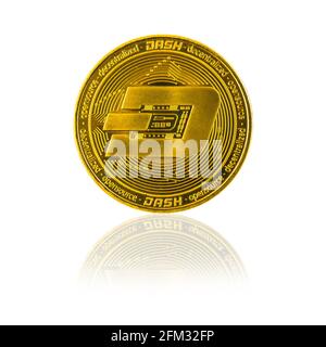 Dash coin with reflection isolated on white background, crypto currency coin on the glass table Stock Photo
