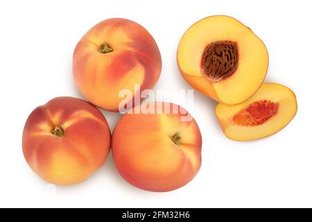 ripe peach isolated on white background with clipping path. Top view. Flat lay, Stock Photo