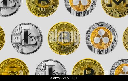 Crypto currency coins pattern isolated on silver background, bitcoin, silver and golden cryptocurrency coin photo Stock Photo