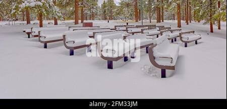 Snow Covered benches at the Amphitheater, Kaibab Lake, Kaibab National Forest, Arizona, USA Stock Photo