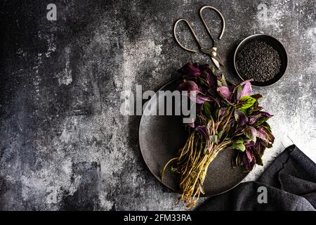 Bunch of purple basil on a plate with black sesame seeds Stock Photo