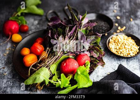 Bunch of purple basil, tomatoes and radishes on a plate with black sesame seeds and sunflower seeds Stock Photo