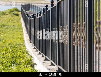 Black wrought iron fence railings and grasses Stock Photo