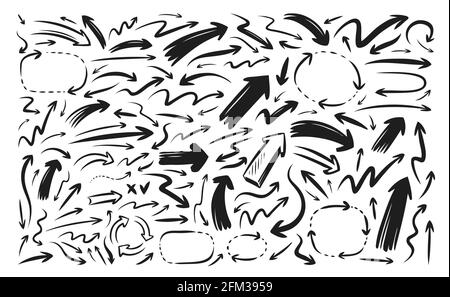 Set of vector arrows. Collection of pointers hand drawn. Sketch doodle style Stock Vector