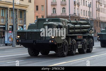 April 30, 2021 Moscow, Russia. Russian multiple launch Rocket System (MLRS) Tornado S on Tverskaya Street in Moscow. Stock Photo