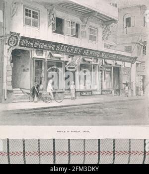 Print shows a street view of the exterior of the Singer Sewing Machine office in Bombay, India with a man on a bicycle and other people in front of the building. Below the image of the office is a close up view of a piece of woven cloth with red cross hatch stitches across it, 1897 Stock Photo