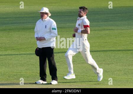 Jimmy Anderson in bowling action for Lancashire during Essex CCC vs Lancashire CCC, Specsavers County Championship Division 1 Cricket at The Cloudfm C Stock Photo