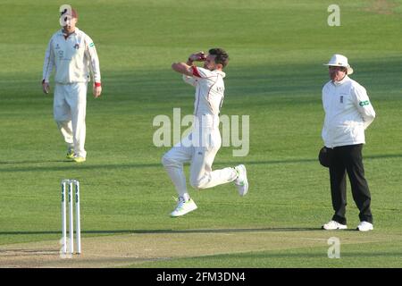 Jimmy Anderson in bowling action for Lancashire during Essex CCC vs Lancashire CCC, Specsavers County Championship Division 1 Cricket at The Cloudfm C Stock Photo