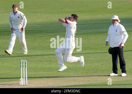 Jimmy Anderson in bowling action for Lancashire during Essex CCC vs Lancashire CCC, Specsavers County Championship Division 1 Cricket at The Cloudfm C Stock Photo