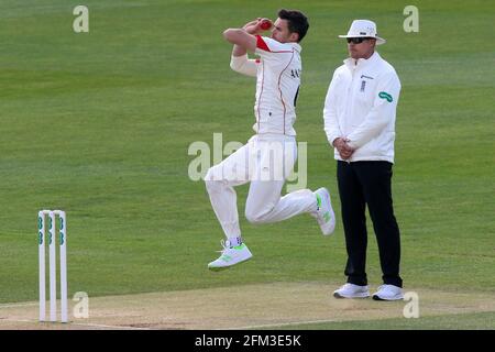 Jimmy Anderson in bowling action for Lancashire during Essex CCC vs Lancashire CCC, Specsavers County Championship Division 1 Cricket at The Cloudfm C Stock Photo