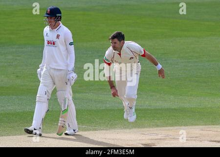 Jimmy Anderson in bowling action for Lancashire during Essex CCC vs Lancashire CCC, Specsavers County Championship Division 1 Cricket at The Cloudfm C Stock Photo