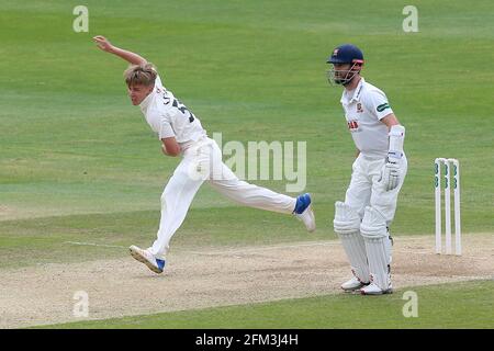 Sam Curran in bowling action for Surrey during Essex CCC vs Surrey CCC, Specsavers County Championship Division 1 Cricket at The Cloudfm County Ground Stock Photo