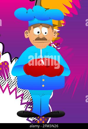Fat male cartoon chef in uniform holding his fists in front of him ready to fight wearing boxing gloves. Vector illustration. Stock Vector