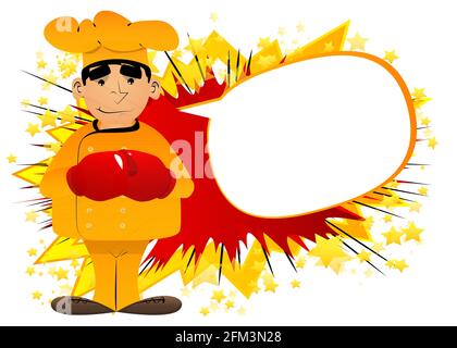Fat male cartoon chef in uniform holding his fists in front of him ready to fight wearing boxing gloves. Vector illustration. Stock Vector
