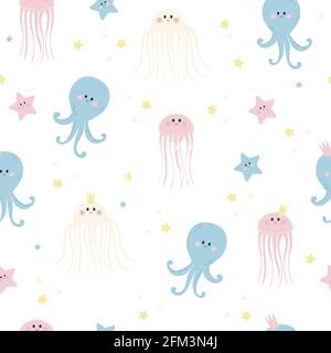 Seamless patterns with sea inhabitants. Cute starfishes, jellyfish and octopus on a white background. Vector. For design, decor, printing, packaging, Stock Vector
