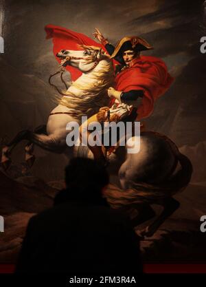 Paris, Crossing the Alps' at the the military museum Les Invalides in Paris. 5th May, 1821. File photo taken on May 5, 2013 shows a painting of 'Napoleon Crossing the Alps' at the the military museum Les Invalides in Paris, France. France commemorated the 200th anniversary of the death of French Emperor Napoleon Bonaparte. Napoleon Bonaparte (1769-1821) died in exile on the island of Saint Helena on May 5, 1821. Credit: Gao Jing/Xinhua/Alamy Live News Stock Photo