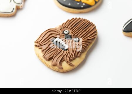 closeup shot of a chewbacca cookie on a white background. Stock Photo