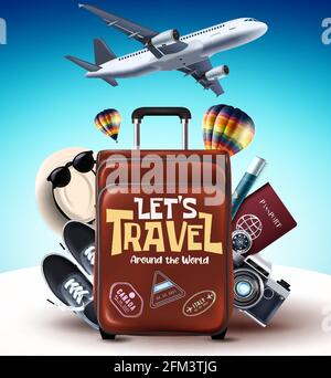 Premium Vector  Travel vector illustration. let's go travel text with  airplane, luggage bag and traveling elements