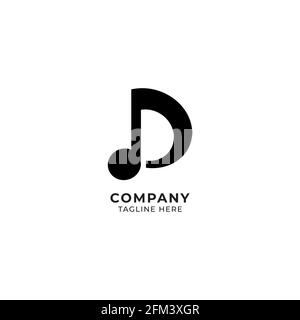 Letter D Alphabet Music Logo Design isolated on white background. Initial and Musical Note logo concept. Stock Vector