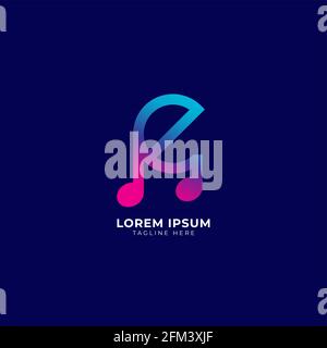 Colorful Letter E Alphabet Music Logo Design. Initial and Musical Note logo concept isolated on blue background. Blue Purple Pink Magenta multicolor Stock Vector