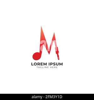 Letter M Alphabet Music Logo Design Isolated on white background. Initial, Musical Note and Audio cable jack logo concept. Orange color theme Stock Vector
