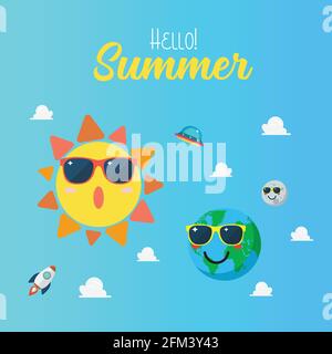 Summertime poster with Planet characters wearing sunglasses. Planet earth wearing sunglasses againts sun character on blue sky. Funny cartoon emoticon Stock Vector